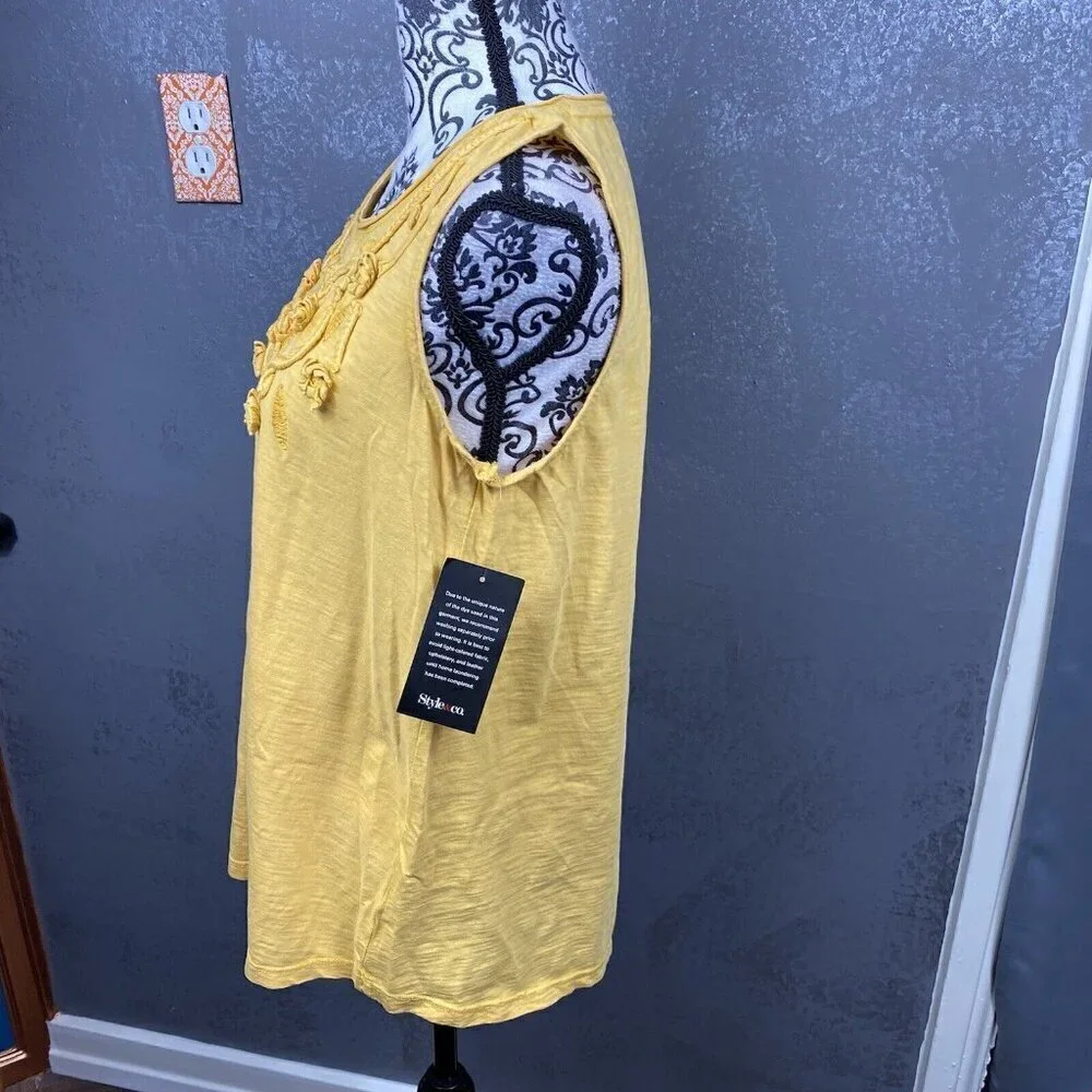 Style & Co tropical travel tumeric soutach embroidered swing tank top. sz 0X - Picture 6 of 9